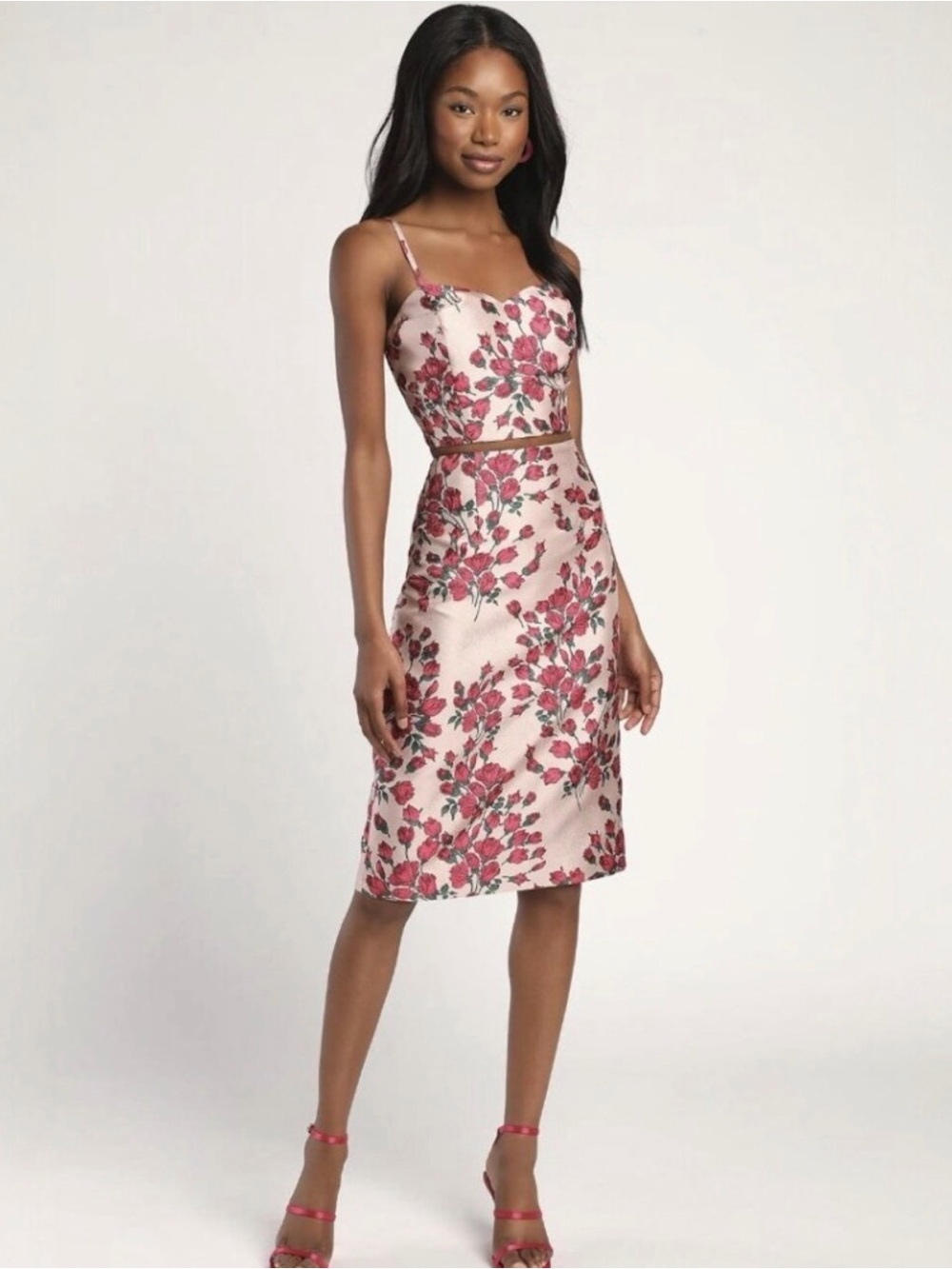 Lulus Field of Roses Blush
Floral Jacquard Two-Piece Midi
Dress NWT